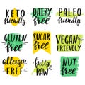 Set of hand lettered modern diet restriction signs. Royalty Free Stock Photo