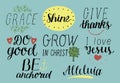 Set of 8 Hand lettering christian quotes with symbols I love Jesus. Grace. Give thanks. Do good. Grow in Christ. Be