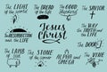 Set of 11 Hand lettering christian quotes about Jesus Christ. Savior. Door. Good Shepherd. Way, truth, life. Alpha and Omega. Lamb Royalty Free Stock Photo