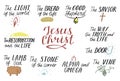 Set of 11 Hand lettering christian quotes about Jesus Christ. Savior. Door. Good Shepherd. Way, truth, life. Alpha and