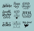 Set of 9 Hand lettering christian quotes Jesus. Holy Spirit. Trust the Lord. Peace. Only believe. Faith. hope. God is love. Royalty Free Stock Photo