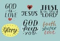 Set of 6 Hand lettering christian quotes with symbols God is love. Jesus. Trust in the Lord. Glory. Faith, hope, love.