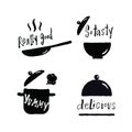 Set of hand lettering phrases about tasty food. Delisious, really good,so tasty, yummy. Illustration of cooking utensils.