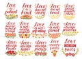 Set of 15 hand lettering quotes with Bible verse Love is patient, kind, never fails.