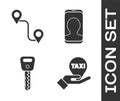 Set Hand on map pointer with taxi, Route location, Car key and Taxi call telephone service icon. Vector Royalty Free Stock Photo