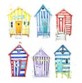 Set of hand painted, colorful watercolor beach huts Royalty Free Stock Photo