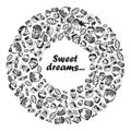 Set of hand-painted doodle icons with food, ice cream, muffins, sweets, fruits. Filled in shape of donut ring Text Sweet dreams