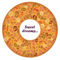 Set of hand-painted doodle icons with food, ice cream, muffins, sweets, fruits. Filled in shape of donut ring Text Sweet dreams