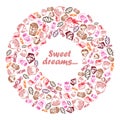 Set of hand-painted doodle icons with food, ice cream, muffins, sweets, fruits. Filled in shape of donut ring Text Sweet dreams