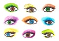 Set of 9 hand-painted green, yellow, blue, pink, purple and orange eye make-up looks. Colorful abstract watercolor eye-shadow illu Royalty Free Stock Photo
