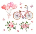 Set of hand-painted holiday elements, isolated on white background. Pink bike, flowers, balloons. Watercolor illustration Royalty Free Stock Photo