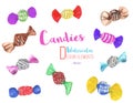 Set of hand painted watercolor candies, vector
