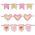 Set of hand painted watercolor flags with hearts in bright pink and biege colors