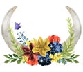 Set of hand painted watercolor flowers, leaves, horns bull buffalo in rustic style. Bohemian composition perfect for floral de Royalty Free Stock Photo