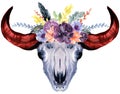 Set of hand painted watercolor flowers, leaves, skull horns bull in rustic style. Bohemian composition perfect for floral de