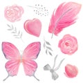 Set of hand painted watercolor with heart, cake, leaves,bow, roses, flowers in pink and silver color. Royalty Free Stock Photo