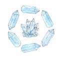 Set of hand painted watercolor and ink blue crystals and cluster isolated on the white background. Aquamarine Royalty Free Stock Photo