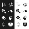 Set Hand with pointing finger, Target magnifying glass, Flag, Moon flag, holding, and icon. Vector