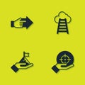 Set Hand with pointing finger, Target, Mountains flag and Stair finish icon. Vector