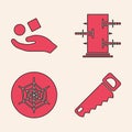 Set Hand saw, Cube levitating above hand, Trunk for magic tricks and Spider web icon. Vector Royalty Free Stock Photo