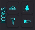 Set Hand saw, Electric circular, Tree and Wooden axe icon. Black square button. Vector Royalty Free Stock Photo
