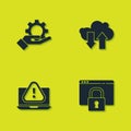 Set Hand settings gear, Secure your site with HTTPS, SSL, Laptop exclamation mark and Cloud download upload icon. Vector