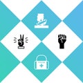 Set Hand showing two finger, First aid kit, Burning car and Raised hand with clenched fist icon. Vector