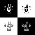 Set Hand showing two finger icon isolated on black and white background. Victory hand sign. Vector Royalty Free Stock Photo