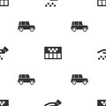Set Hand with taxi, Taximeter and Car on seamless pattern. Vector