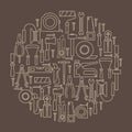 A set of hand tools for construction and repair located inside the circle on a brown background. Royalty Free Stock Photo