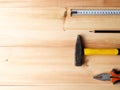 Set of hand tools on wooden table. Instruments on wooden background. Repair tools Royalty Free Stock Photo