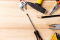 Set of hand tools on wooden table. Instruments on wooden background. Repair tools Royalty Free Stock Photo