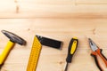 Set of hand tools on wooden table. Instruments on wooden background. Repair tools Royalty Free Stock Photo