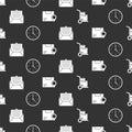 Set Hand truck and boxes, Clock, Envelope and Location with cardboard box on seamless pattern. Vector