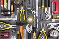 Set of hand various work tools on grey background top view Royalty Free Stock Photo