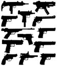 Set Hand Weapons Silhouettes. Pistol gun icons vector silhouettes. Small firearm, police or military handgun.