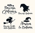 Set of hand written Epiphany lettering quotes in Italian, with witch, comet. Isolated objects on white background. Hand drawn Royalty Free Stock Photo