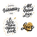 Set of hand written lettering quotes for Valentine`s Day.
