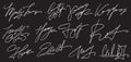 Set of Hand written signature. Different example signatures isolated in black background. Vector illustration set of hand drawn