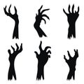 Set of hand zombies crawling out of the ground. Collection of black silhouettes of the hands of the dead. Vector Royalty Free Stock Photo