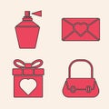 Set Handbag, Perfume, Envelope with 8 March and Gift box and heart icon. Vector