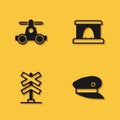 Set Handcar transportation, Train driver hat, Railroad crossing and Railway tunnel icon with long shadow. Vector Royalty Free Stock Photo