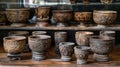 A set of handcarved wooden bowls and cups used for collecting and administering herbal remedies. Each piece is unique