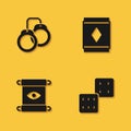 Set Handcuffs, Game dice, Magic scroll and carpet icon with long shadow. Vector Royalty Free Stock Photo