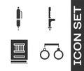 Set Handcuffs, Pen, Law book and Police rubber baton icon. Vector