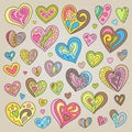 Set of Handdrawn Cute Pink, Green, Yellow, Brown, Blue, Hearts