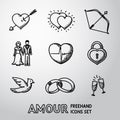 Set of handdrawn Love, Amour icons - heart with