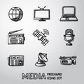 Set of handdrawn media icons - news, radio, tv Royalty Free Stock Photo