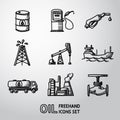 Set of handdrawn oil icons - barrel, gas station