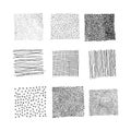 Set handdrawn textures and brushes. Vector hatching dots, line, grid, circles, lines, texture made ink. Royalty Free Stock Photo